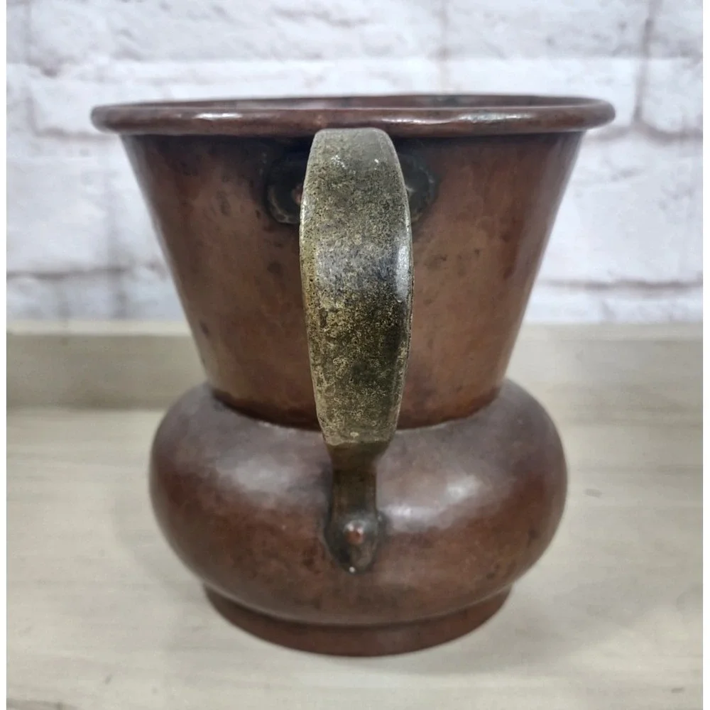 Vtg Hand Hammered Solid Copper Vase Urn Brass Handles Rustic Farm Decor Heavy
